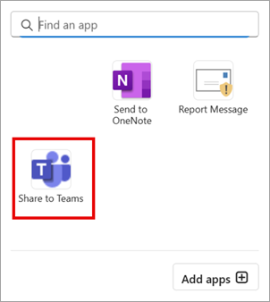 Vælg Del i Teams for at dele en mail i Outlook til Teams.