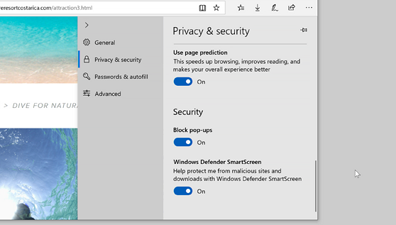 Microsoft Edge-indstillinger, der viser, hvordan du blokerer pop op-vinduer