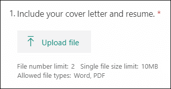 Spørgsmål i Microsoft Forms, der gør det muligt at uploade filer