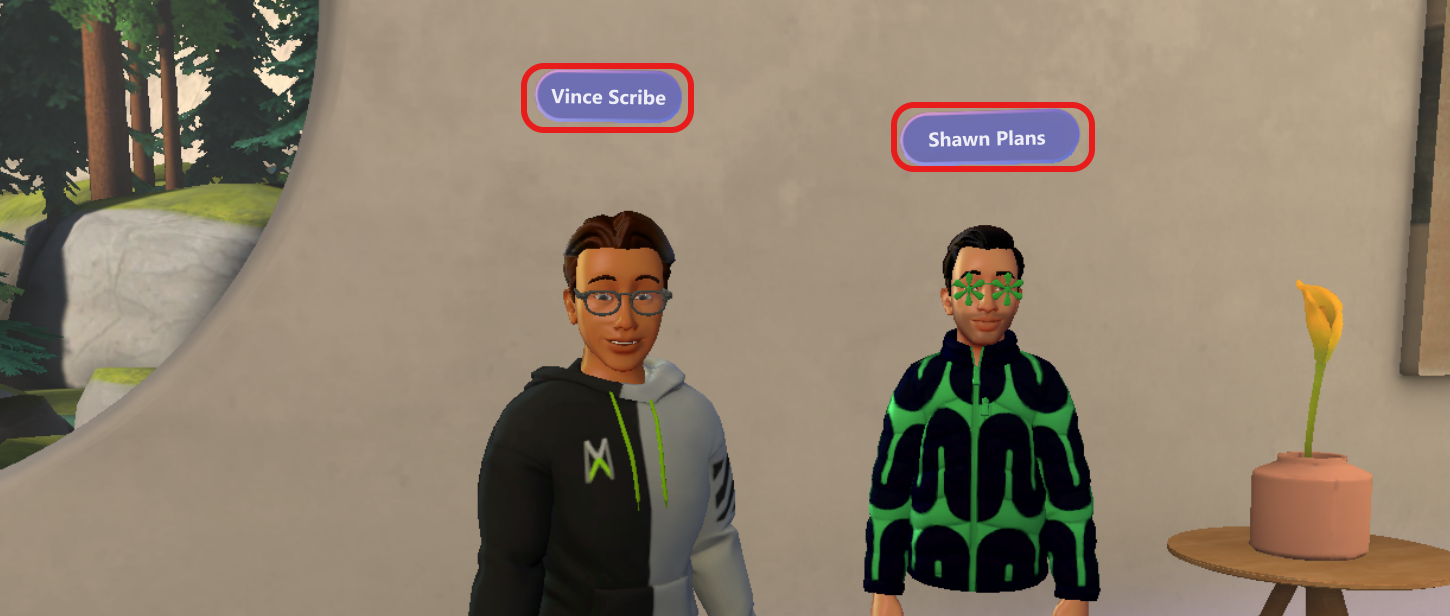Skærmbillede, der viser navneskilte, der vises over avatarer