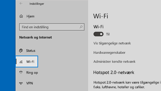 Ikon og Wi-Fi skal være på listen over netværk & internet