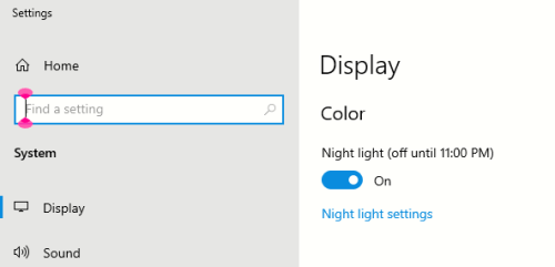 Indstillingen Windows Nattelys valgt i skærmindstillingerne.