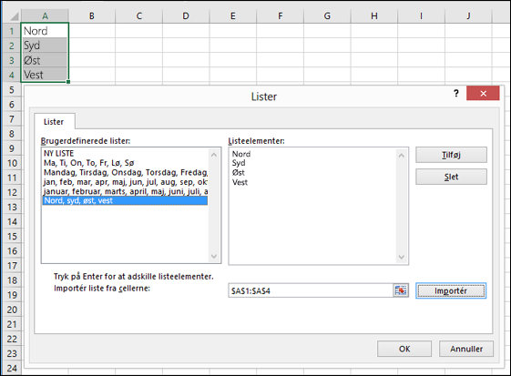 Dialogboksen Brugerdefineret liste fra Filer > Indstillinger > Avanceret > Generelt > Rediger brugerdefinerede lister. I Excel 2007 skal du klikke på knappen Office > Excel-indstillinger > Populære > Rediger brugerdefinerede lister.