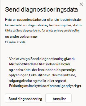 Skærmbillede af vindue, der viser, hvordan du sender diagnosticeringsdata, når du taler med en agent