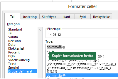 Eksempel på brug af dialogboksen Format > Celler >  Tal >  Brugerdefineret for at få Excel til at oprette formatstrenge for dig.