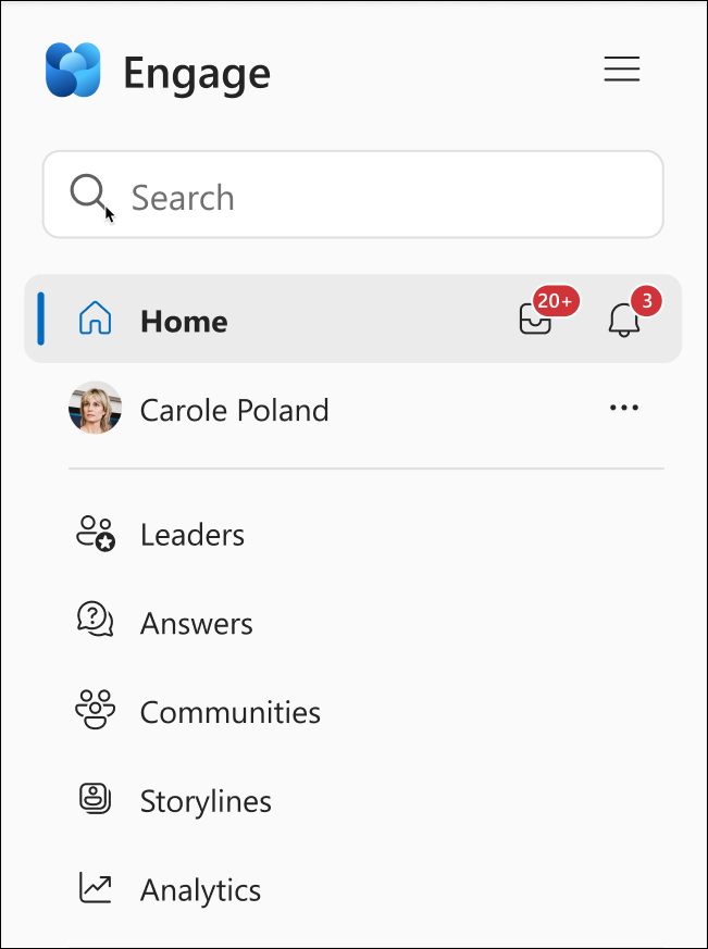 Skærmen viser ikonplaceringen i venstre side af Viva Engage Teams-appen.