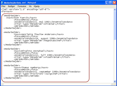 Eksempel på en medarbejderliste i XML vist i Notepad