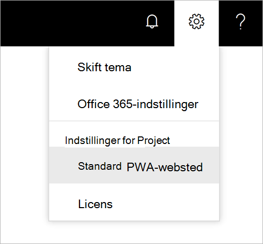 Skærmbillede af ikonet indstillinger for gear med markøren vælge standard-PWA-websted