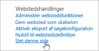 Menuen Indstillinger for websted med Slet dette websted fremhævet