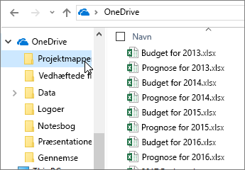 Windows Stifinder, OneDrive-mappe, Excel-filer