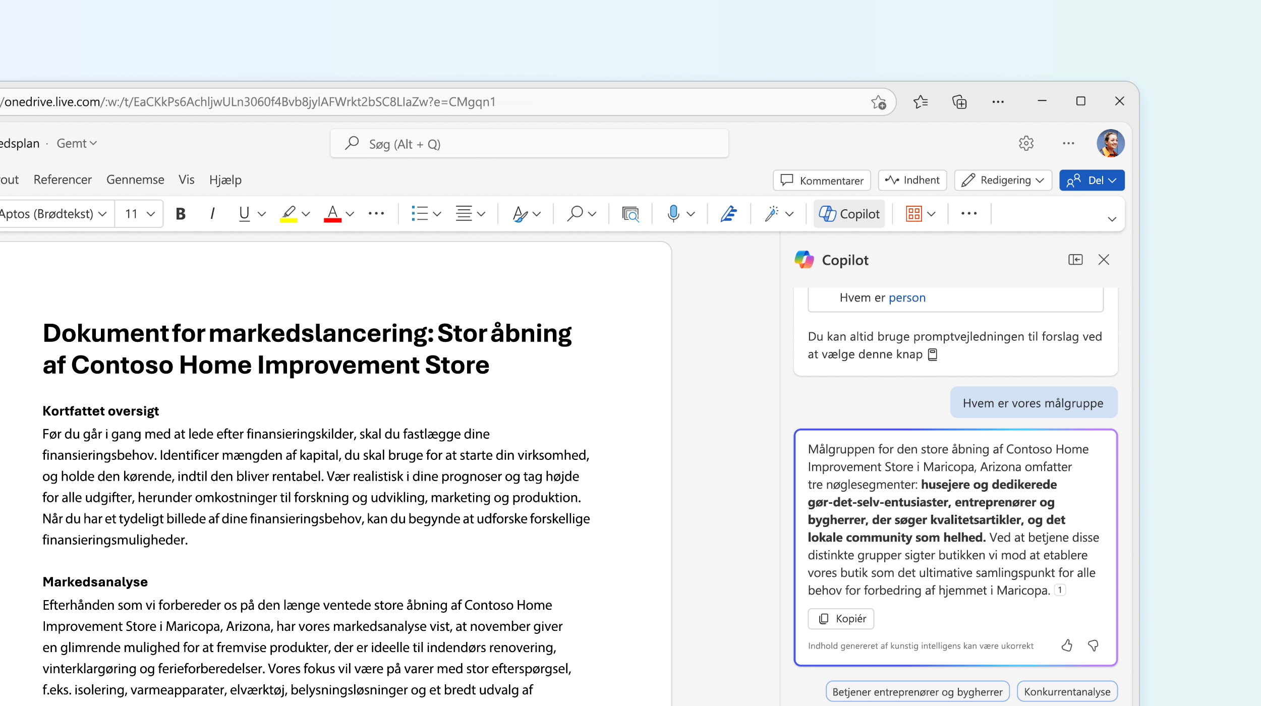 Skærmbillede, der viser, at Copilot i Word besvarer et spørgsmål om dokumentet.
