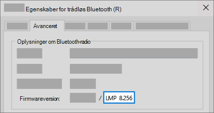 Bluetooth LMP-versionsfelt under fanen Avanceret i Enhedshåndtering.