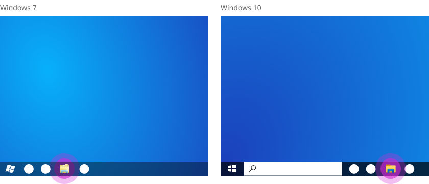 En sammenligning af Stifinder på Windows 7 og Windows 10.