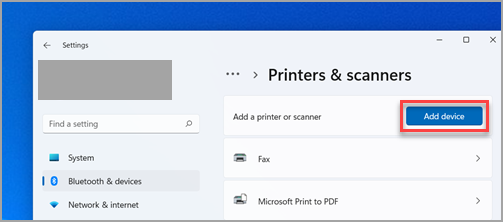 Her finder du Tilføj enhed, når du konfigurerer en printer i Windows 11 Indstillinger.