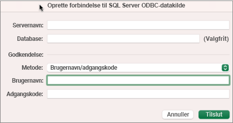 Dialogboksen SQL Server til at angive server, database og legitimationsoplysninger