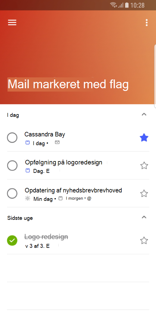 Du kan få vist de mails, du har markeret med flag, som udestående opgaver i Outlook Mobile