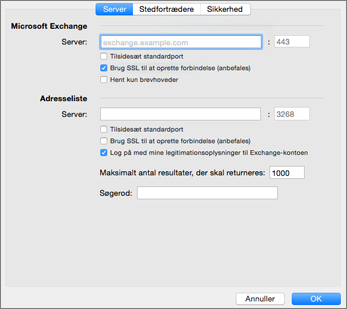 Exchange account server settings