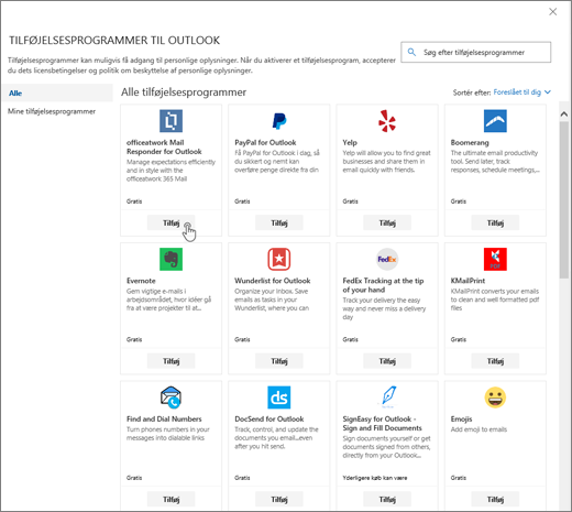 Et skærmbillede viser siden Tilføjelsesprogrammer til Outlook.