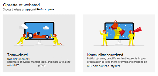 Valg af to skabeloner på øverste niveau, team- eller kommunikationswebsted.