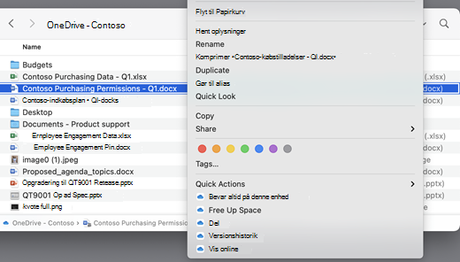 Viser en OneDrive skærm med en menu åben. 