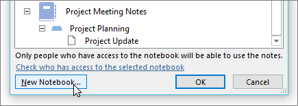 Et skærmbillede, der viser knappen ny notesbog i dialogboksen del noter.