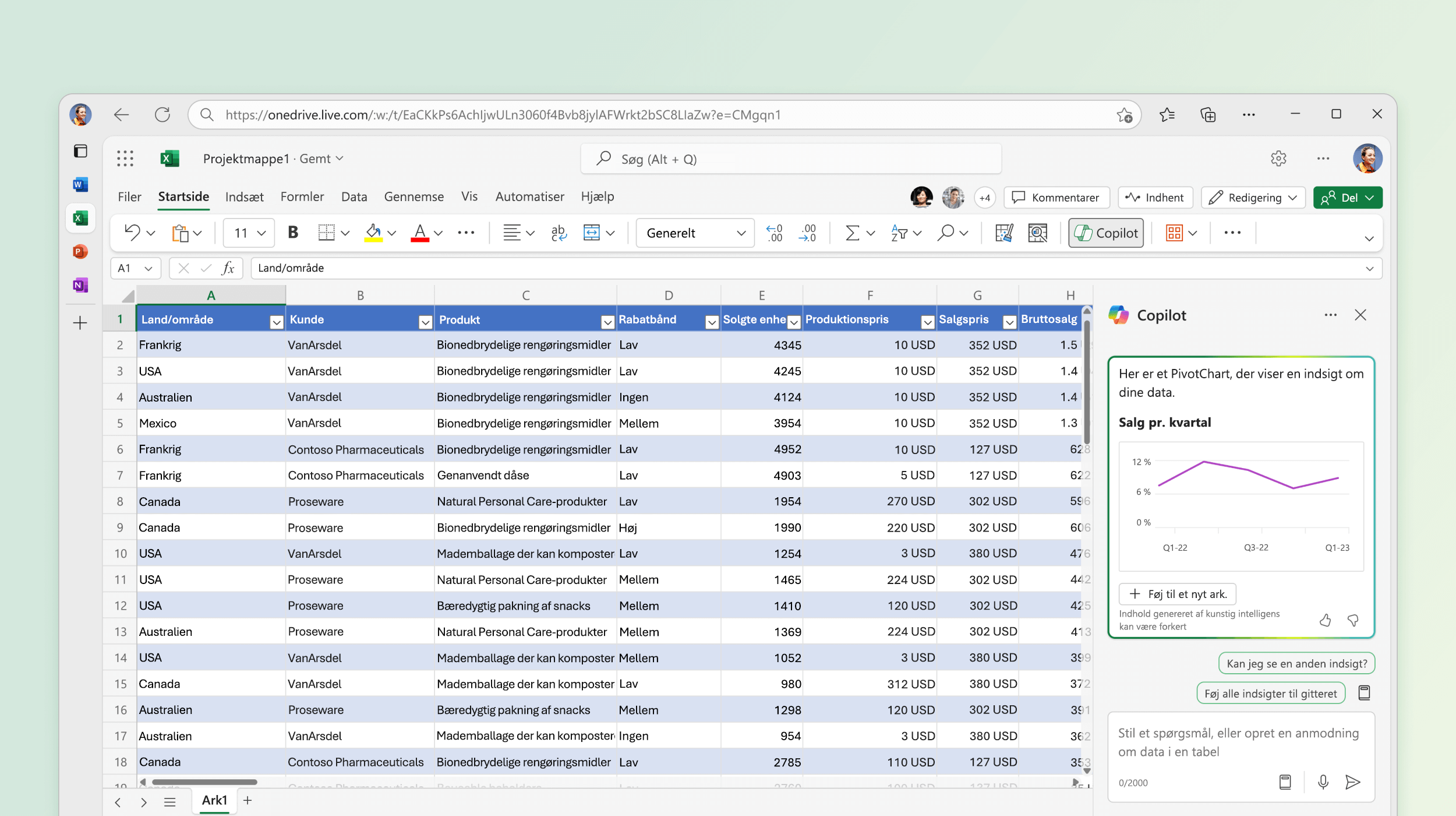 Skærmbillede viser Copilot i Excel, der identificerer indsigt fra eksisterende data.