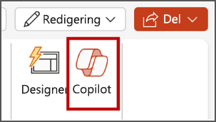 Skærmbillede af Copilot-knap i PowerPoint i båndmenuen