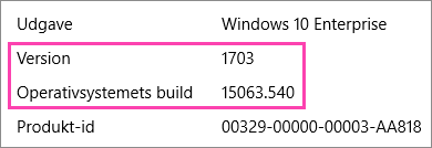 Et skærmbillede af Windows-versionen og buildnumrene
