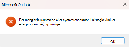 Fejl om manglende hukommelse i Outlook
