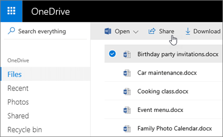 Skærmbillede af en valgt fil og knappen Del i OneDrive.