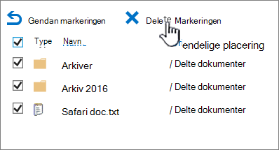 Papirkurv på andet niveau i SharePoint 2016 med alle elementer markeret og slet fremhævet