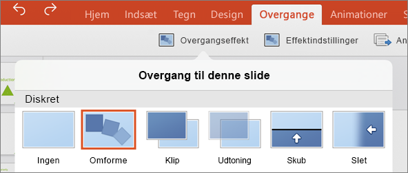 Viser overgangen Omform i menuen Overgang i PowerPoint 2016 til iPad