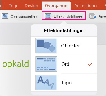 Viser effektindstillinger til overgangen Omform i PowerPoint 2016 til iPad