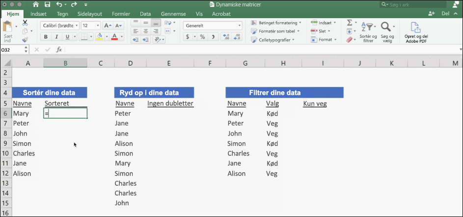 Skærmbillede af Excel med data ved hjælp af dynamiske matrixer