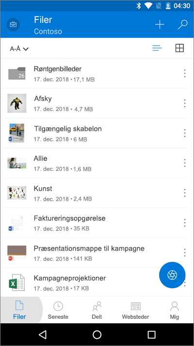 Skærmbillede af OneDrive-mobilapp med knappen Filer markeret