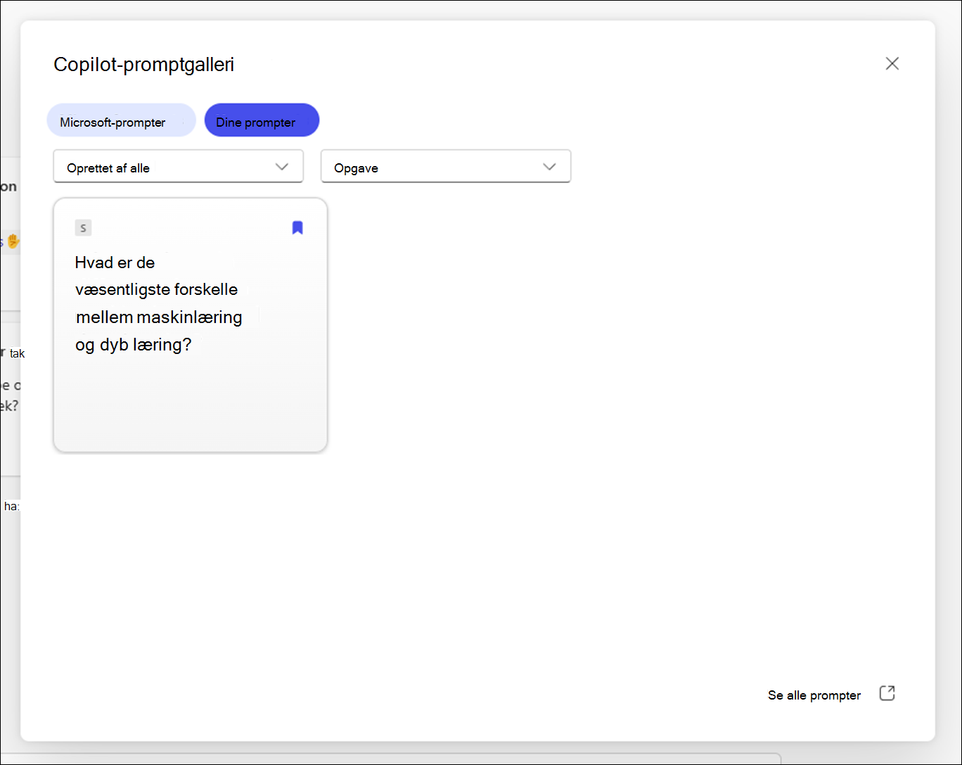 Copilot-promptgalleri dialogboks, der viser gemte prompter med filterindstillinger som opgave- og jobtype.