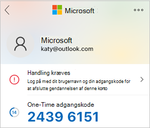 Skærmbillede, der viser engangsadgangskode til Microsoft Authenticator.