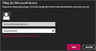Windows 8 Mail-siden Tilføj Microsoft-konto