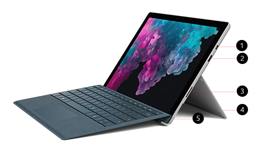Billede af Surface Pro 6 vinklet til siden med 5 funktioner, der er anført med tal