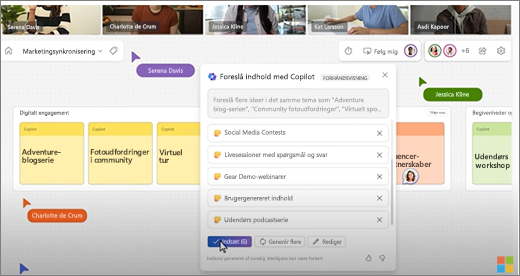 Viser forslag fra Copilot i Whiteboard under et Teams-møde.