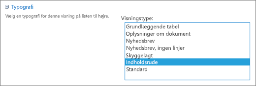 Valg af typografier på siden Visningsindstillinger