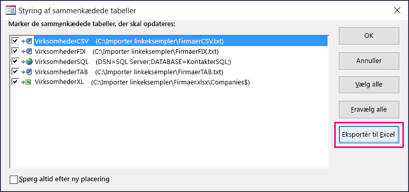 Dialogboksen til styring af sammenkædede tabeller i Access med knappen Eksportér til Excel markeret.