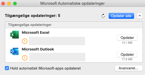 Billede af dashboardet Microsoft Automatiske opdateringer med oplysninger om opdateringerne.
