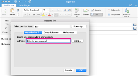 Dialogboksen Link i Outlook til Mac