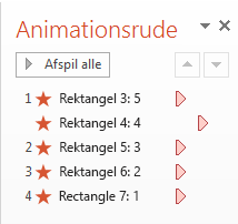 Klik på ANIMATIONER, og klik derefter på Animationsrude for at få vist Animationsruden. Tallet til højre for kolonnen afspejler tallet i rektanglet.