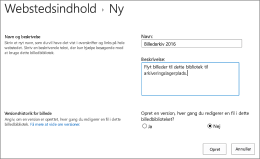 Angiv navn, beskrivelse og valgfri versionsstyring