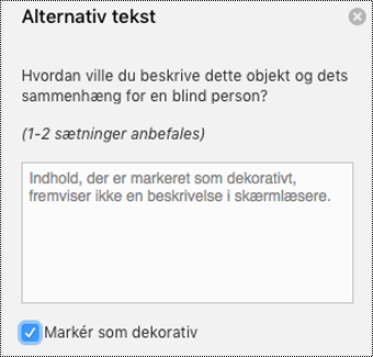 Afkrydsningsfeltet Markér som dekorativ valgt i ruden Alternativ tekst i Word til Mac.