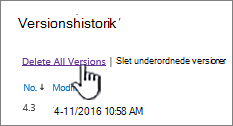 Dialogboksen Version med Slet alle versioner fremhævet