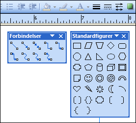 Billede af værktøjslinjen forbindelser og værktøjslinjen Standardfigurer i Publisher