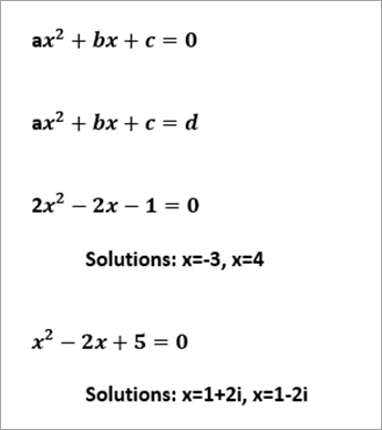 en liste over eksempel på kvadratiske ligninger, hvor der læses ax^2+bx+c=0, 2x^2-2x-1=0 solutions x=-3, x=4, x^2+2x+5=0 solutions x=1+2i, x=1-2i